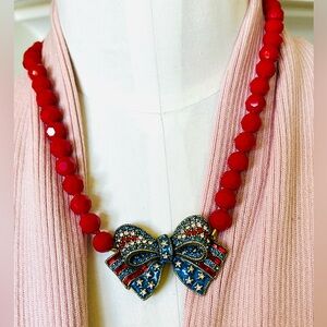 Heidi Daus 🆕 “Red White and Blue Bow” Beaded crystal necklace